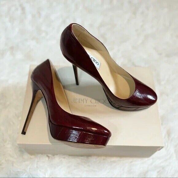 Jimmy Choo Jimmy Choo Wine Eel Skin Heels Cosmic Pumps Stiletto Burgundy 38.5 - Picture 1 of 4